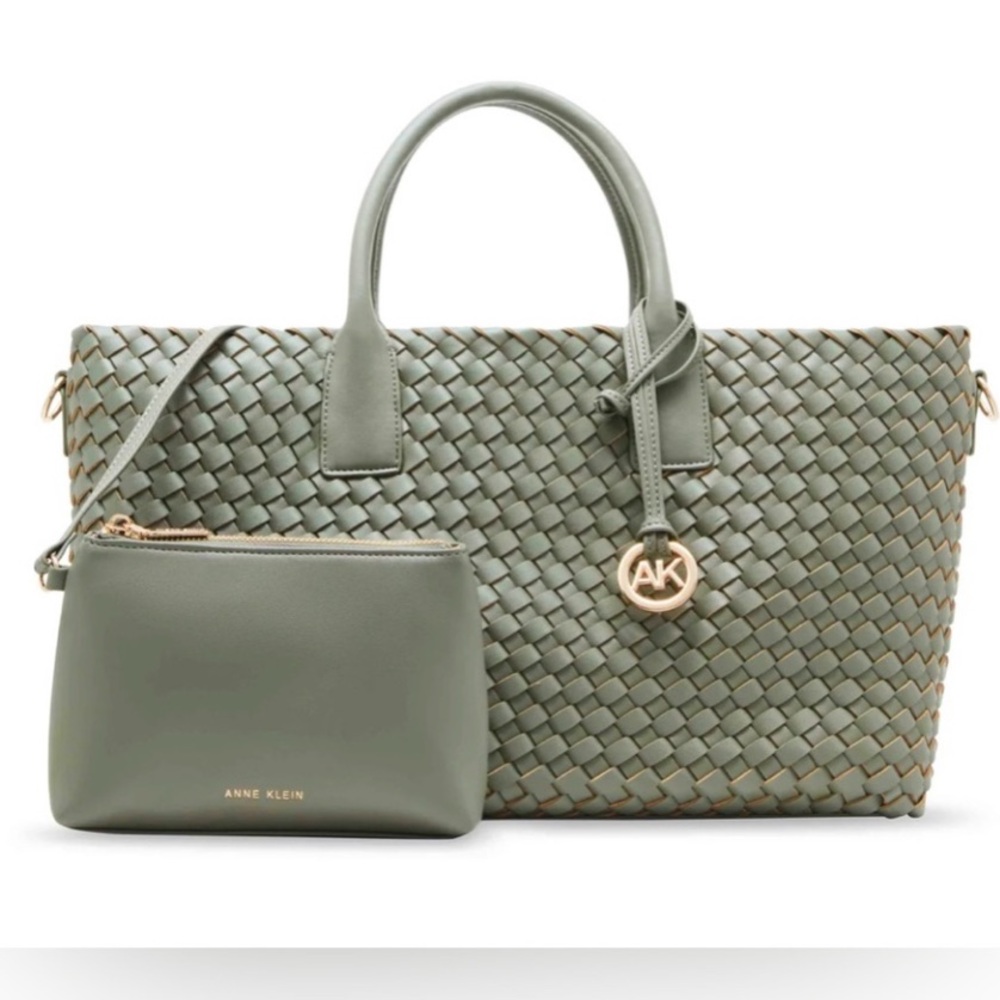 ✨🎁🎁Anne Klein Green Woven Tote Bag with Pouch✨NEW - Picture 2 of 14
